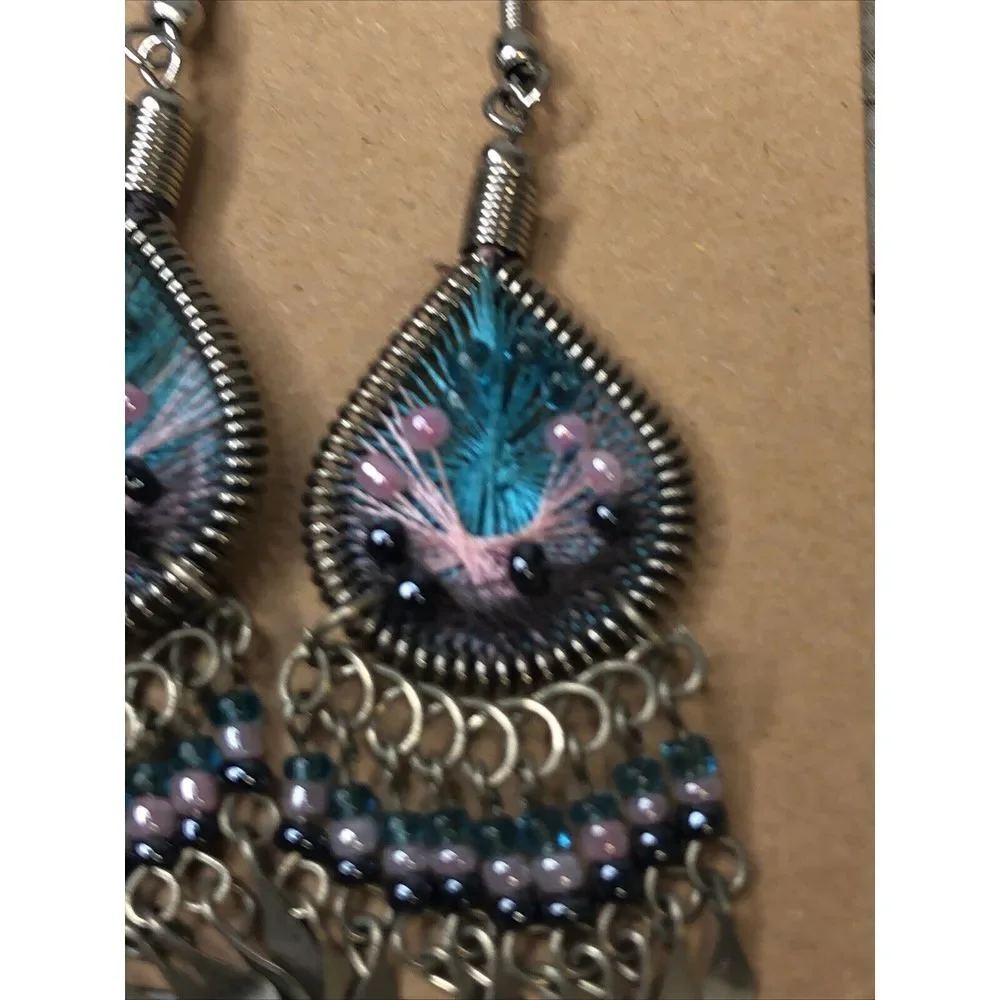 Boho‎ Drop Dangle Beads Teardrop Silver Tone Pink Blue
